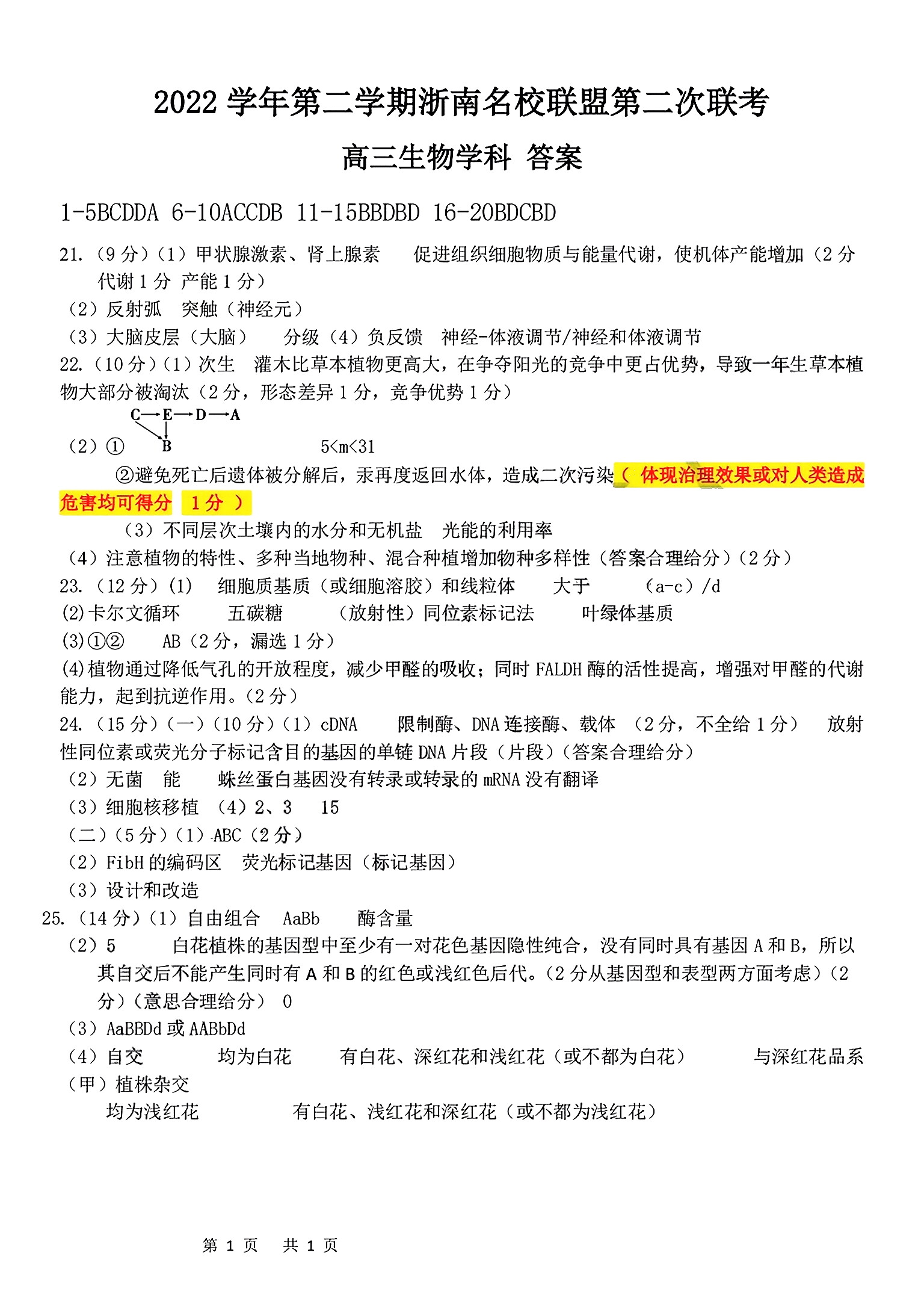 全国100所名校最新高考冲刺卷样卷一2023生物