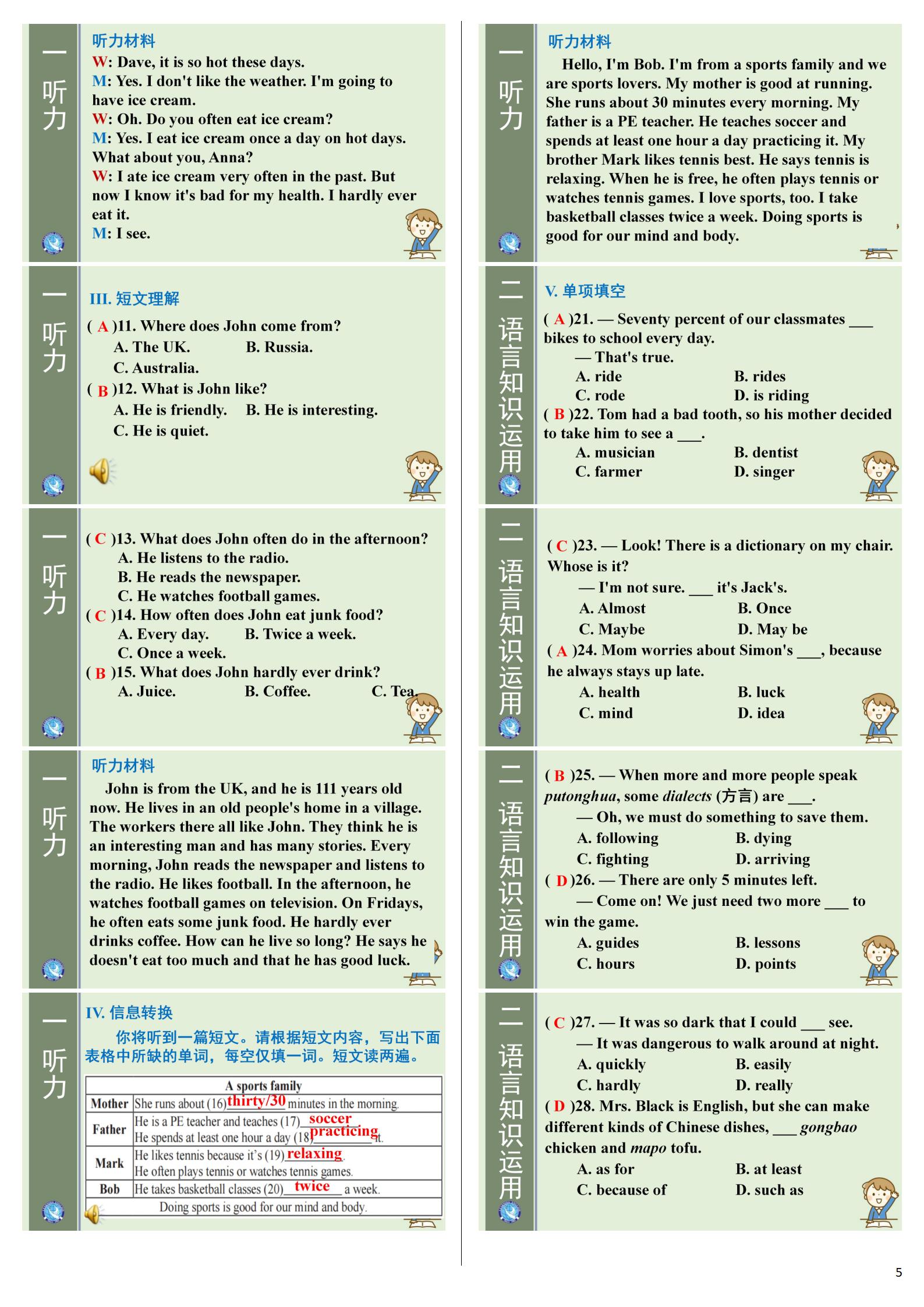 2025届高三总复习·名师原创模拟卷(二)2英语(XS5)答案