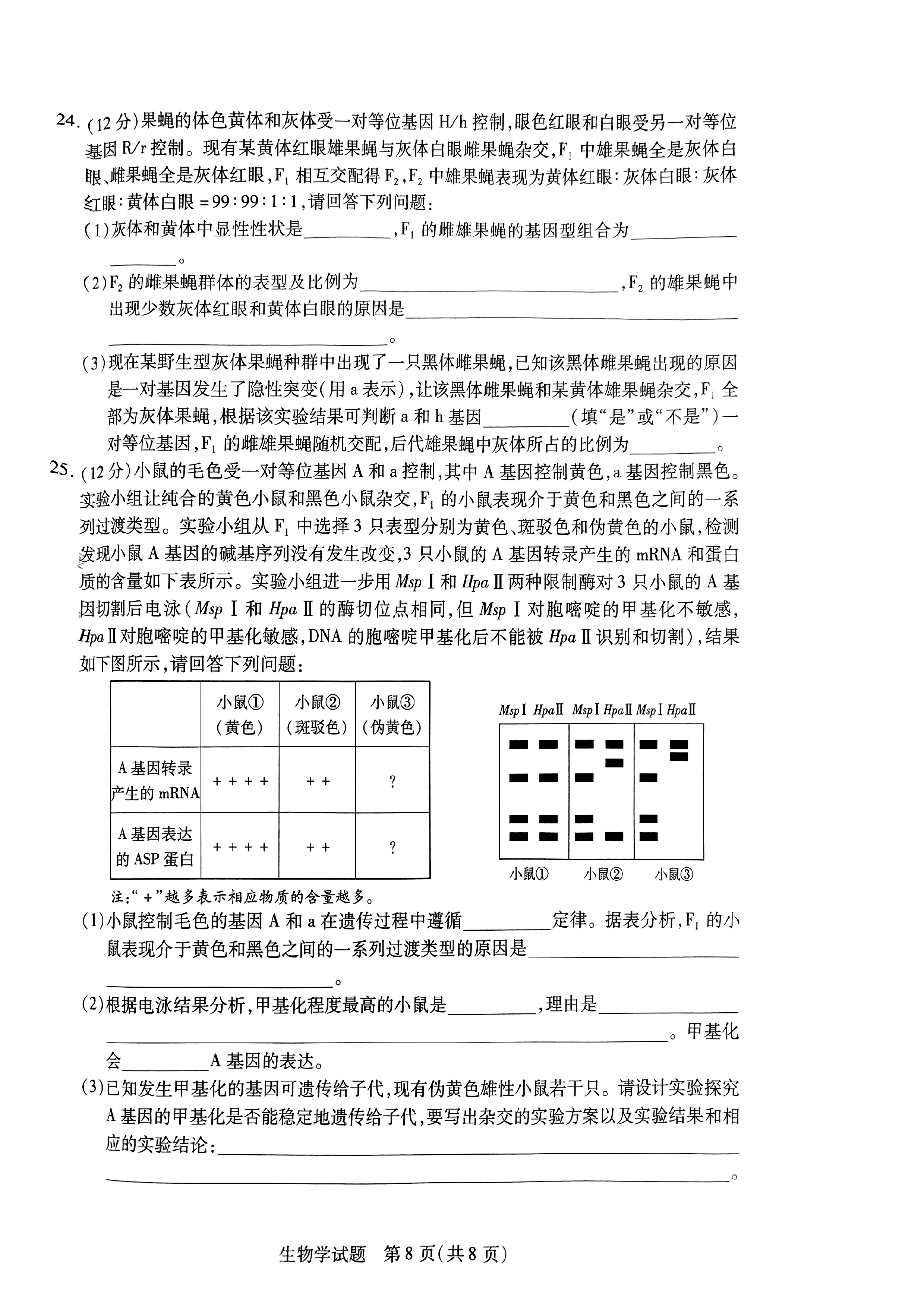 ［绵阳一诊］绵阳市高中2021级第一次诊断性考试生物试卷答案