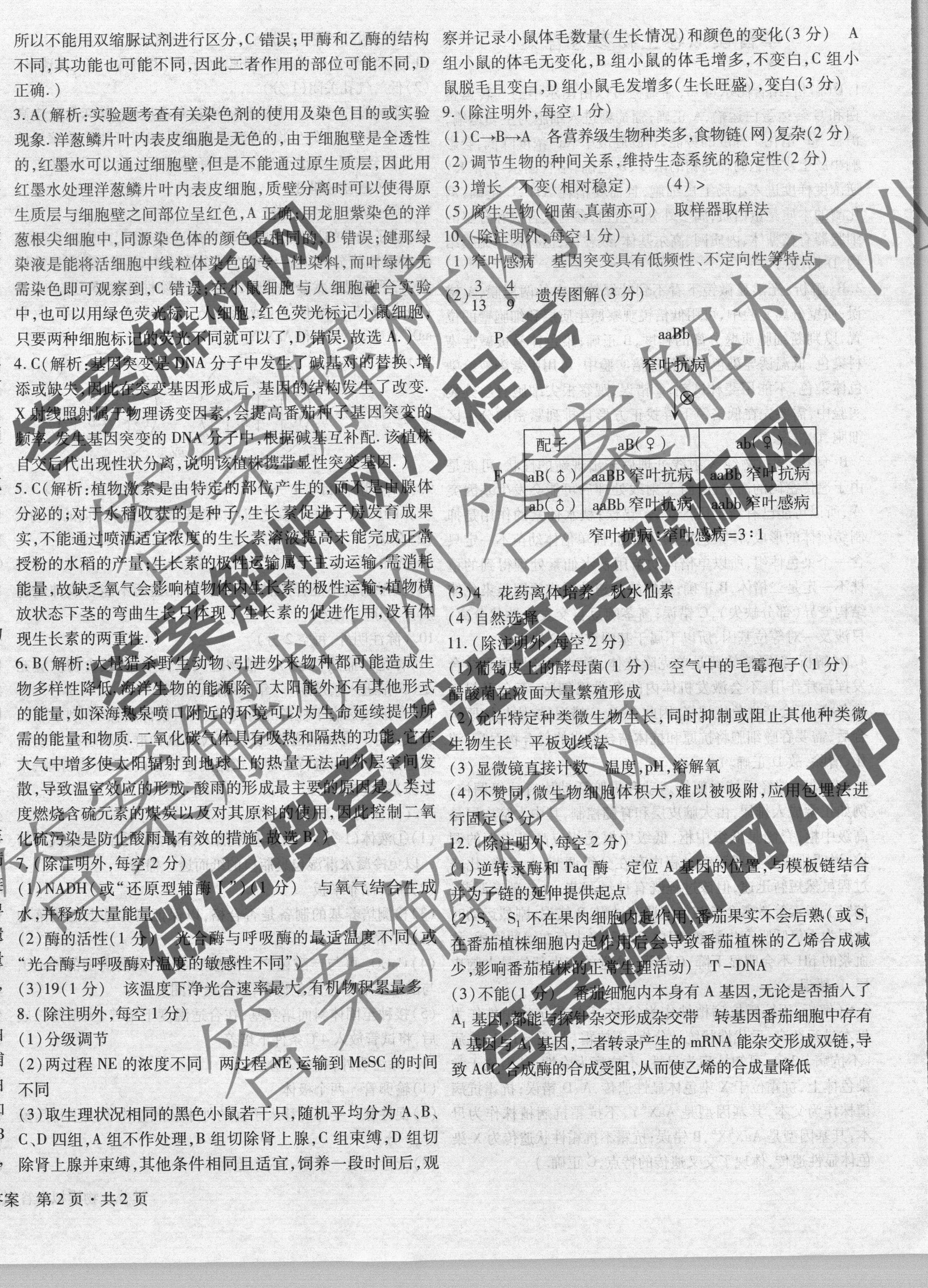 安徽省2023~2024学年度九年级阶段质量检测(PGZX D AH ○)生物答案