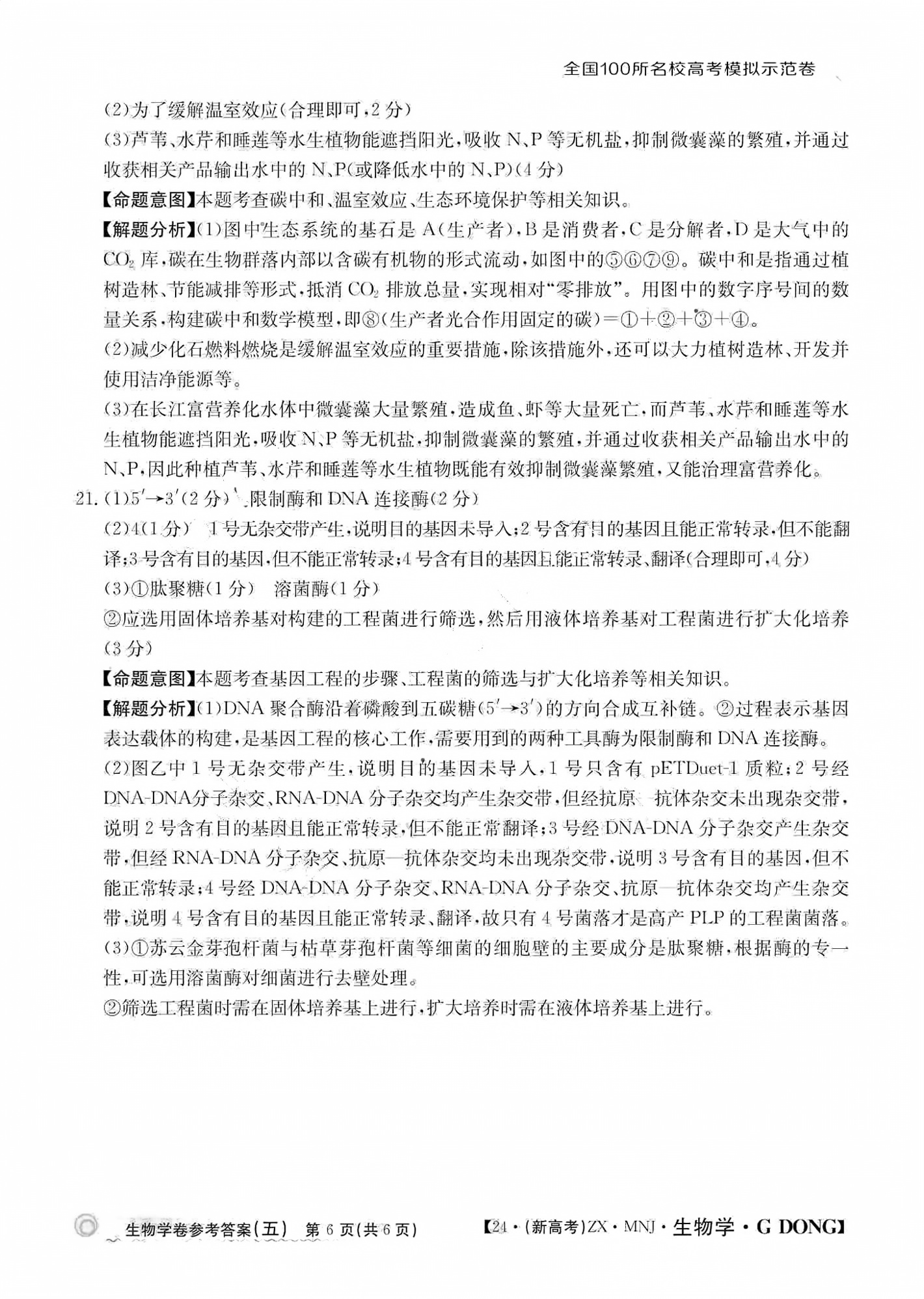 [青桐鸣]2024届普通高等学校招生全国统一考试 青桐鸣大联考(高三)(3月)生物答案